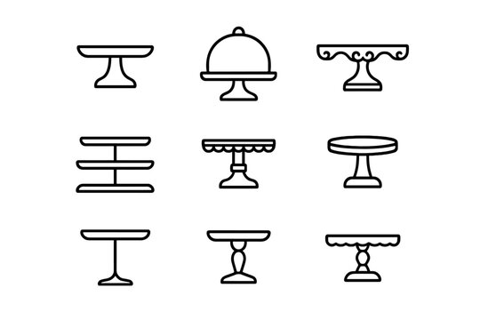 Cake Stand Collection. Premium cake stands. Line outline icon set of Premium cake stands: pedestal stand,