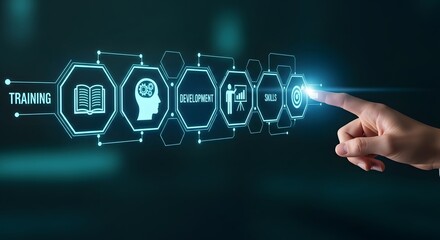 Digital interface showing a hand activating icons for training,