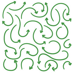 Fototapeta premium Hand-drawn doodle set of green arrows on a white background.