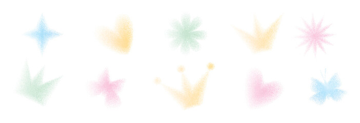Obraz premium Noise grain gradient shapes. Pastel tone gradation illustration butterfly, heart, crown and flowers. Vector simple forms. Twinkle star and blink pink, yellow, green and blue dots effect.