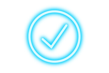Blue neon glowing checkmark in circle verified icon isolated on transparent background. Shining neon glow effect tick mark, yes icon, correct symbol, approved sign for design. Vector illustration. © LionStudio