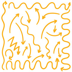 Hand-drawn doodle set of orange arrows on a white background.