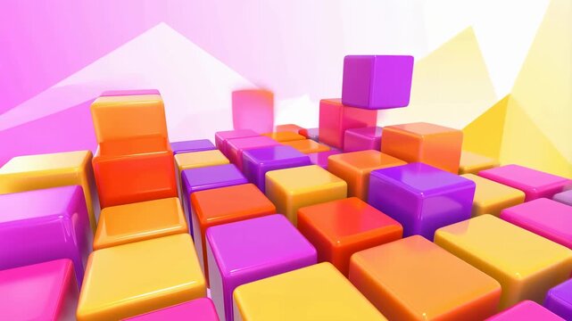 Colorful 3D blocks shifting and stacking in a vibrant digital landscape. Represents creativity, playfulness, and modern design in digital art