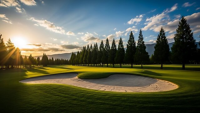 Serene golf course sand trap at sunset with trees and mountain range in background