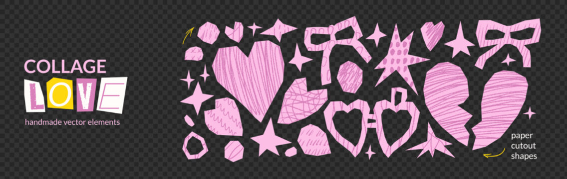 Love collage pattern. Scrapbook heart paper cutouts. Set of sticker, broken heart icons and a couple locket shape for valentine. Vector pink textured cut star and bow element for craft scraps isolated