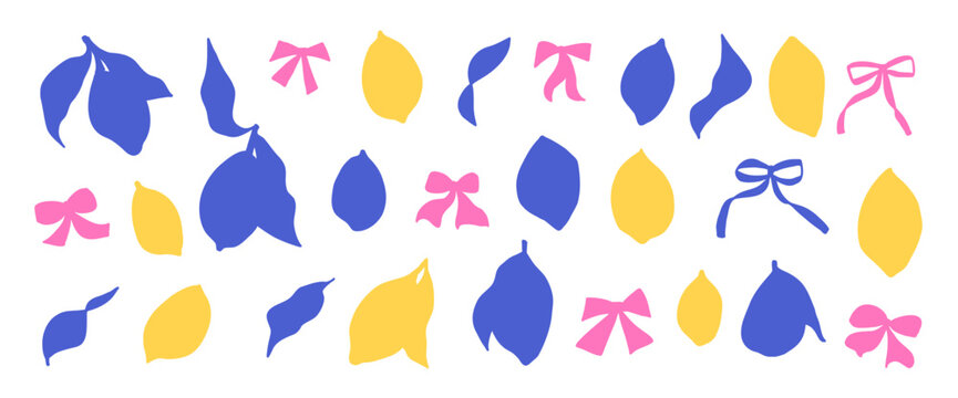 Silhouette paper cutout colorful lemon illustrations. Hand drawn naive doodle fruit featuring slices, branches in cutouts. Vector lemons scribble hand drawn isolated no bg.