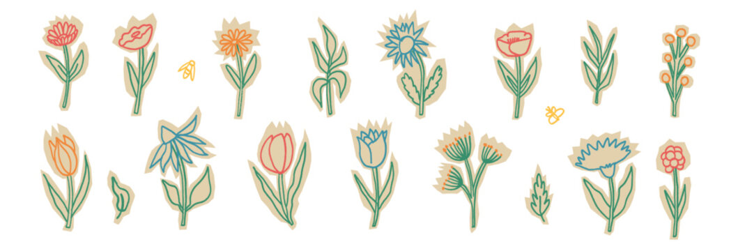Flower paper scrapbook cutout. Floral shape, tulip torn papers pieces with crayon outline texture. Hand drawn red, blue cut out sticker. Vector craft tear cute wildflowers scribbles set no background.