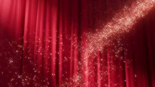 Shimmering red curtain with sparkling lights creating a magical atmosphere. Ideal for theatrical performances, celebrations, and festive events