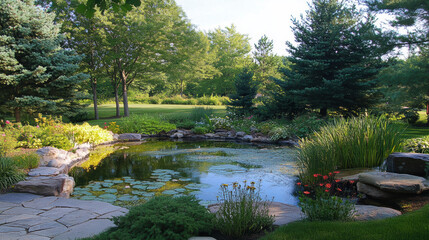 Fototapeta premium Tranquil garden pond with lush greenery and stone path in summer morning light