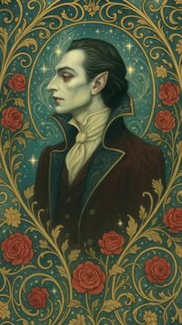 Gothic vampire portrait with ornate floral design, captured from a straight-on angle. Perfect for a vintage horror video theme. Live mobile wallpaper.
