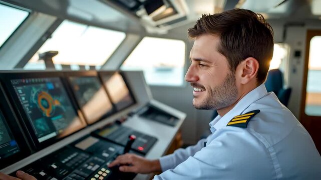 Professional Ship Captain Operating Advanced Navigation Systems on Modern Vessel Bridge with Digital Displays and Maritime Control