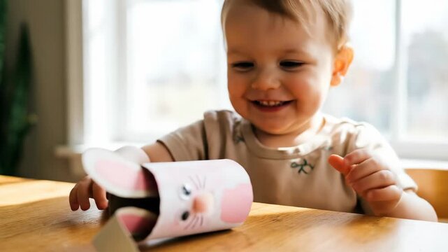 happy caucasian child holding handmade bunny made from toilet paper roll. easter craft diy project on wooden table. creative activity for kids. greeting card, social media post.