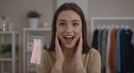 Happy woman looking at virtual dress image in augmented reality. Future shopping experience with new try on technology.