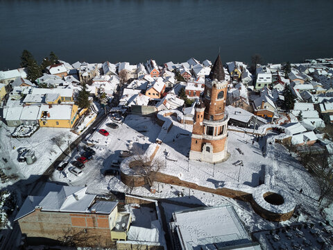 Gardos tower in Zemun, Belgrade, with snowy rooftops