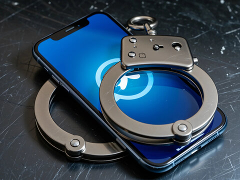 Conceptual image of a modern smartphone locked in metal handcuffs, symbolizing digital security, online privacy, cybercrime prevention, data protection, surveillance, and control in the digital world
