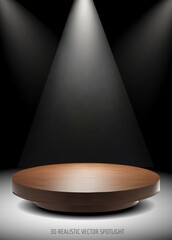 Vector illustration Minimal 3D of wooden podium under soft spotlight on dark background, product, display, mockup, presentation, branding, showcase, stage, lighting, minimal, modern, display, platform