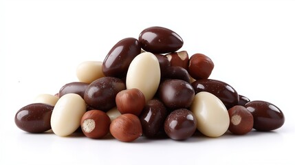 A pile of assorted nuts and chocolate candies. The nuts are brown and the chocolate candies are white