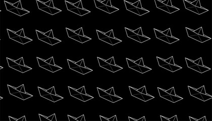 Paper Boat Seamless Pattern Dark Background Minimal Line Art