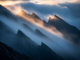 Sunlight shining through clouds on rugged mountain peaks landscape