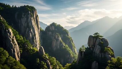 A serene mountain landscape with towering cliffs and lush greenery under a cloudy sky