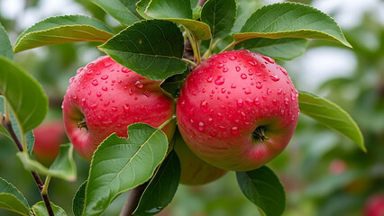 Two red apples with water drops on green leaves tree branch
