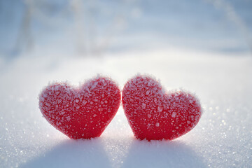 Two red hearts covered in snow on a snowy surface outdoors