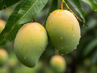 Two green mangoes hanging from tree branch with leaves and water drops