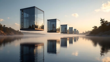 Fototapeta premium Futuristic Glass Cubes Floating Above Serene Water At Sunrise