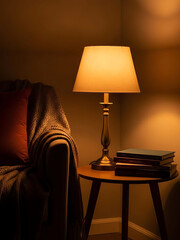 Warmly lit lamp on a small table beside a cozy armchair