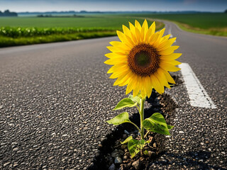Vibrant sunflower grows through asphalt road in green landscape