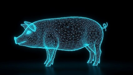 Futuristic Digital Pig Wireframe Model Glowing in Blue Neon on Black Background Representing Smart Farming and Tech Industry