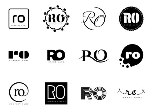 RO logo company template. Letter r and o logotype. Set different classic serif lettering and modern bold text with design elements. Initial font typography.