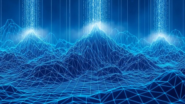 Digital Blue Wireframe Landscape with Vertical Glowing Data Streams and Cyber Network Connectivity Concept - Powered by Adobe