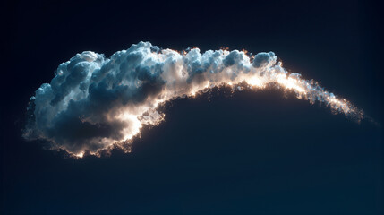 A dramatic plume of smoke with bright glowing edges against a dark night sky, showing detailed cloud formations and scattered sparks along its trailing end.