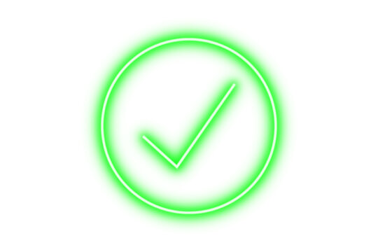 Green neon glowing checkmark in circle verified icon isolated on transparent background. Shining neon glow effect tick mark, yes icon, correct symbol, approved sign for design. Vector illustration.