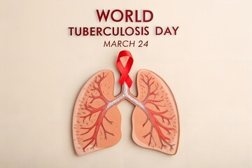World Tuberculosis Day March 24 observance featuring a anatomical model of human lungs adorned with a symbolic red awareness ribbon for global health campaigns and medical advocacy efforts