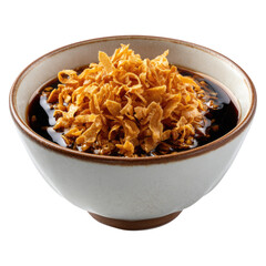 Bowl of dark sauce topped with crispy fried onions, Asian style