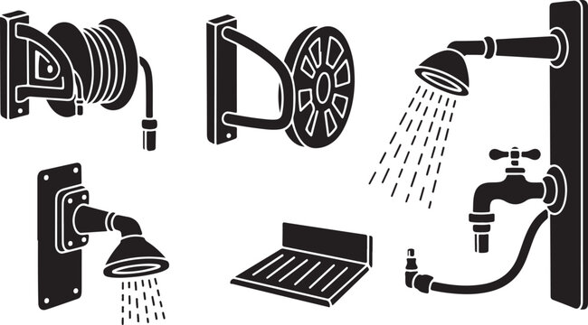 Black and white shower head icons and hose