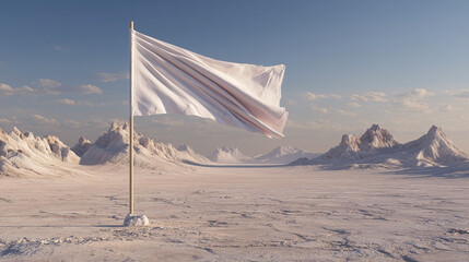 A white flag is flying in the sky above a snowy desert