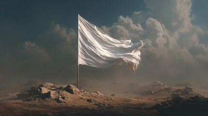 A white flag is blowing in the wind on a rocky hill