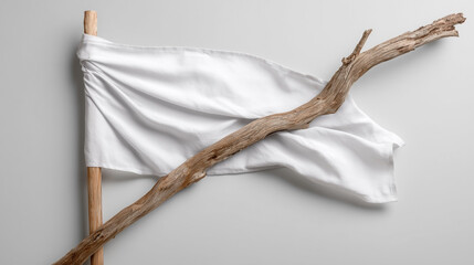 A white flag is tied to a branch