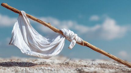 A white cloth is tied to a stick