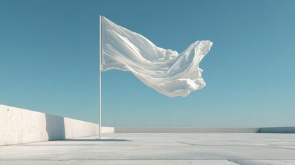 A white flag is flying in the air