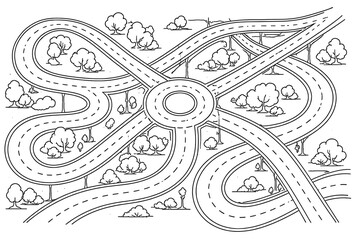 Road plan design. Continuous one line drawing.