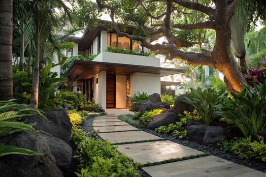 Modern Tropical Architecture with Lush Garden and Stone Pathway Leading to Elegant Home Entrance