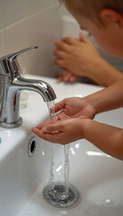 A young child washing their hands under a running faucet in a clean bathroom : Photos for World Water Day promotion