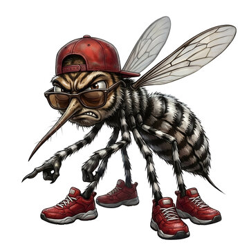 Illustration de style "gangster" d'un moustique tigre en col&egrave;re portant des lunettes de soleil, une casquette rouge et quatre baskets de sport rouges sur fond blanc