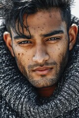 Obraz premium Close-up portrait of a young man with dark hair and stubble, wrapped in a chunky gray knit scarf, gazing into the camera. Concept Close-up portrait, Dark hair and stubble, Chunky gray knit scarf