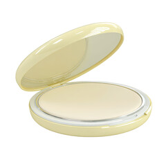 Open, light yellow powder compact, with a round mirror visible in the lid