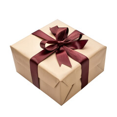 Obraz premium Beige gift box wrapped with burgundy ribbon and bow isolated on Transparent Background